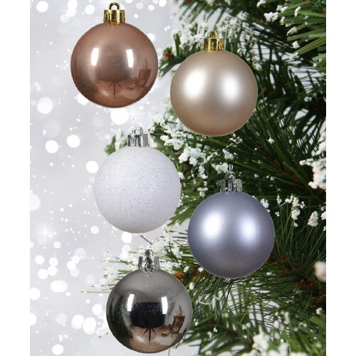 30 Assorted Christmas Baubles Blush Pink White Silver Mix 60mm
