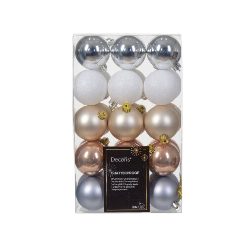 30 Assorted Christmas Baubles Blush Pink White Silver Mix 60mm 1