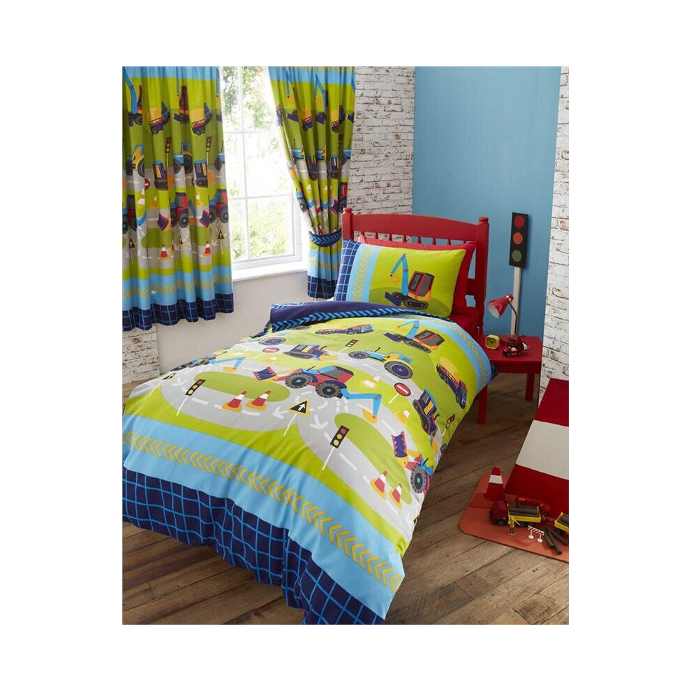 (Curtains - 66x72") Boys duvet cover set kids bedding road construction digger builder truck tractor