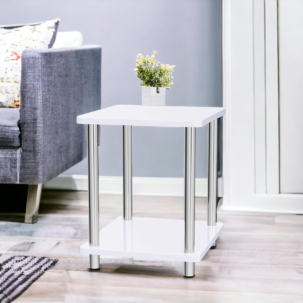 Small 2 Tier White Gloss Finish Side Table with Shelf Coffee End Table