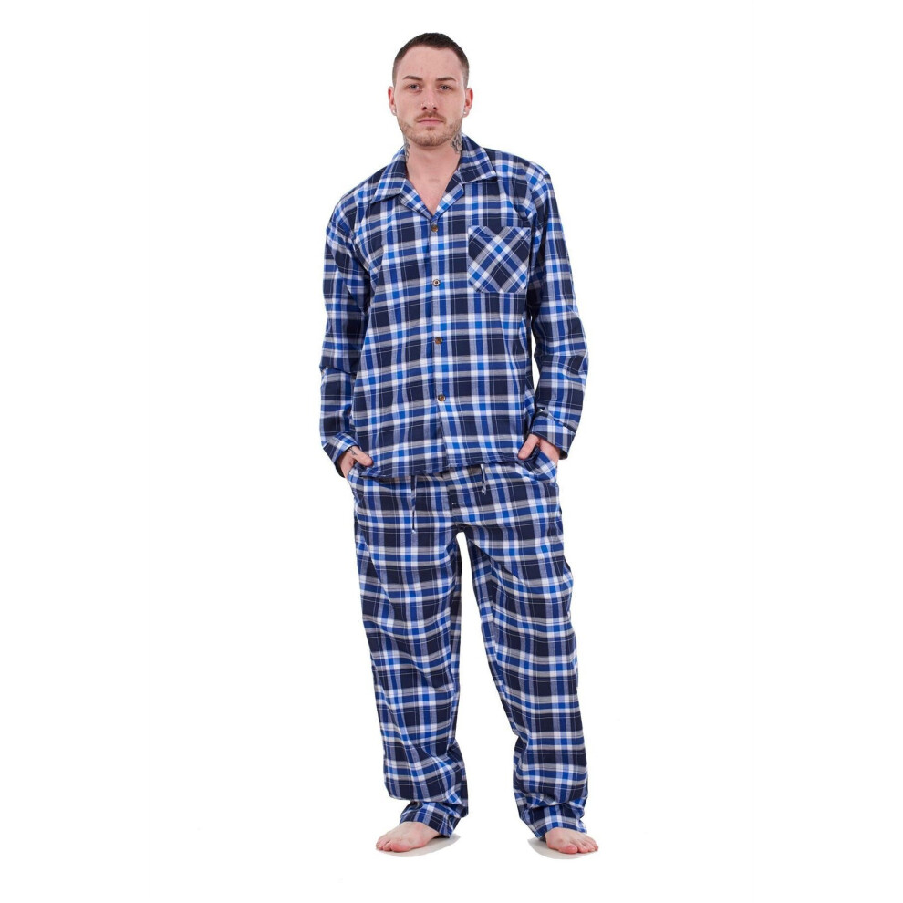 (Blue Navy, L) Malay Mens Pyjama Set Yarn Dyed Woven Check Cotton Blend Loungewear Regular Big Size