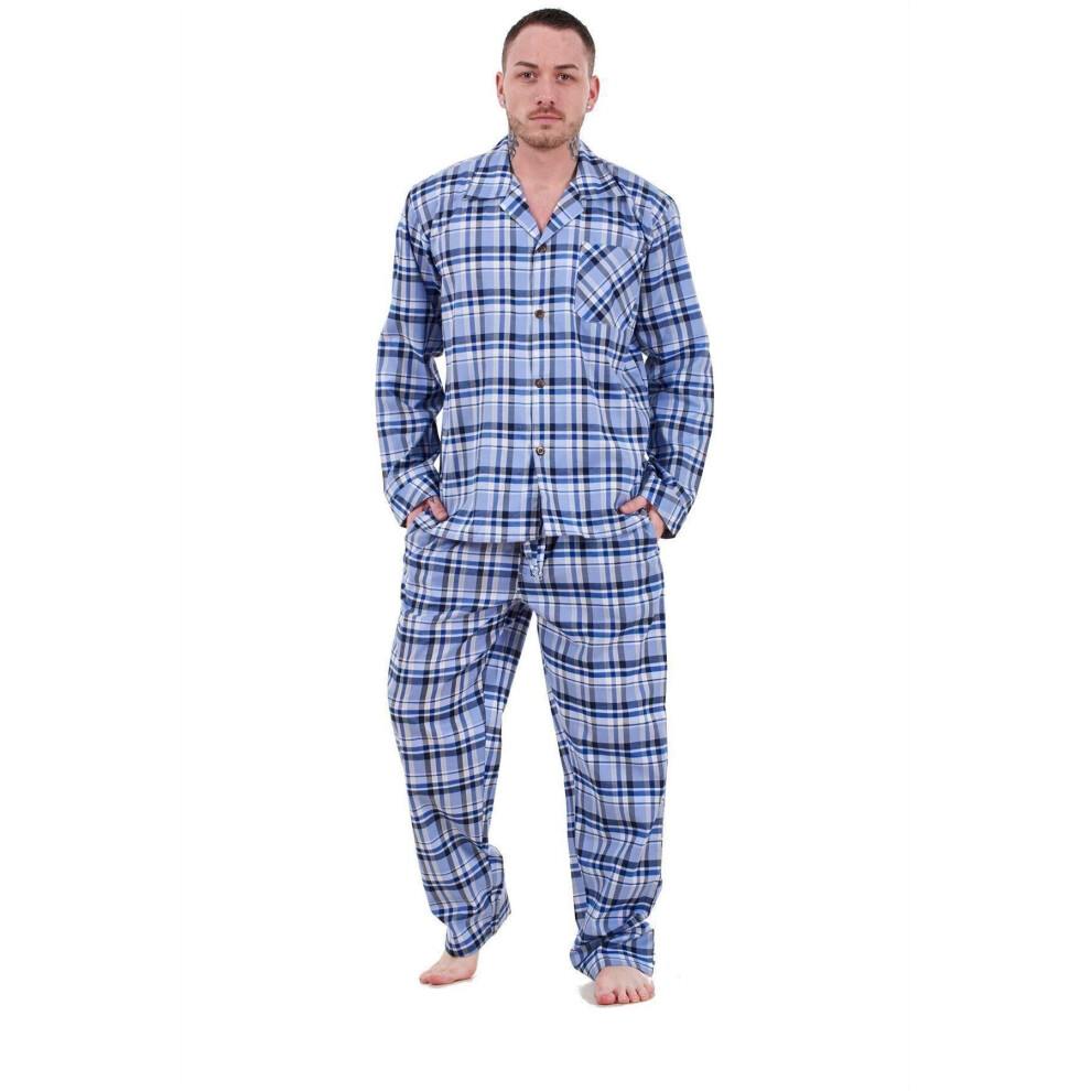 (Sky Blue, 5XL) Malay Mens Pyjama Set Yarn Dyed Woven Check Cotton Blend Loungewear Regular Big Size