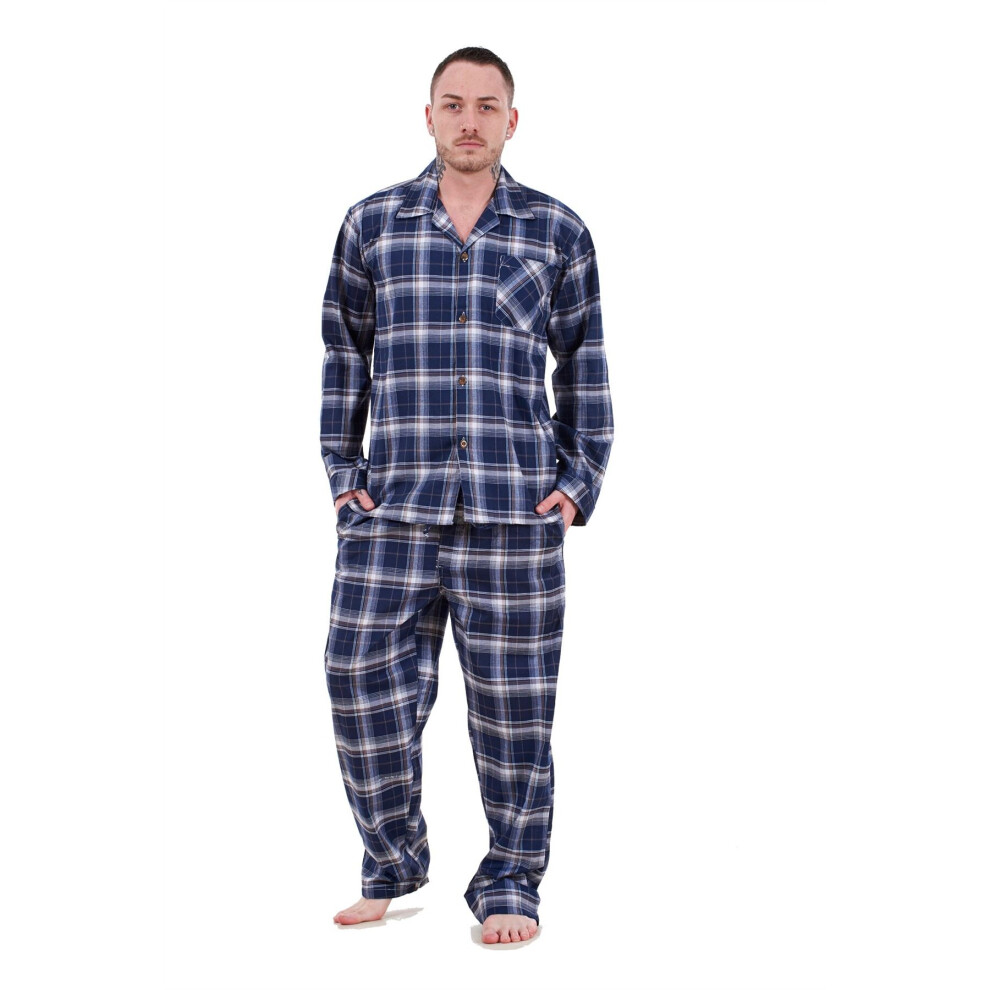 (Navy Grey, 3XL) Malay Mens Pyjama Set Yarn Dyed Woven Check Cotton Blend Loungewear Regular Big Size