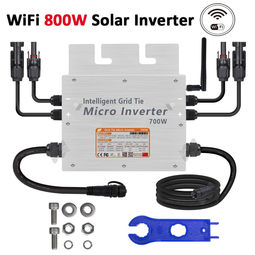 800W Grid Tie Solar Inverter 18-50V DC Pure Sine Wave Microinverter For 2*400W PV Solar Panel Built-in WiFi Communication IP65