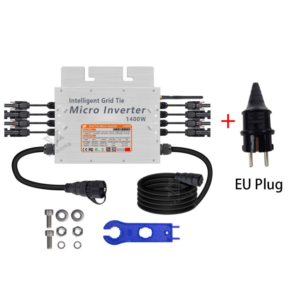 (With EU Connector) 1400W MPPT Micro Solar Inverter 18-50VDC On Grid Tie Inversor Microinverter IP65 2.4G WIFI 110V 220V For 4pcs 350W Solar Panel