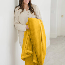 (Yellow/ Mustard Fleece Blanket) Faux Fur Blankets Soft Warm Fleece Throw Double Blanket