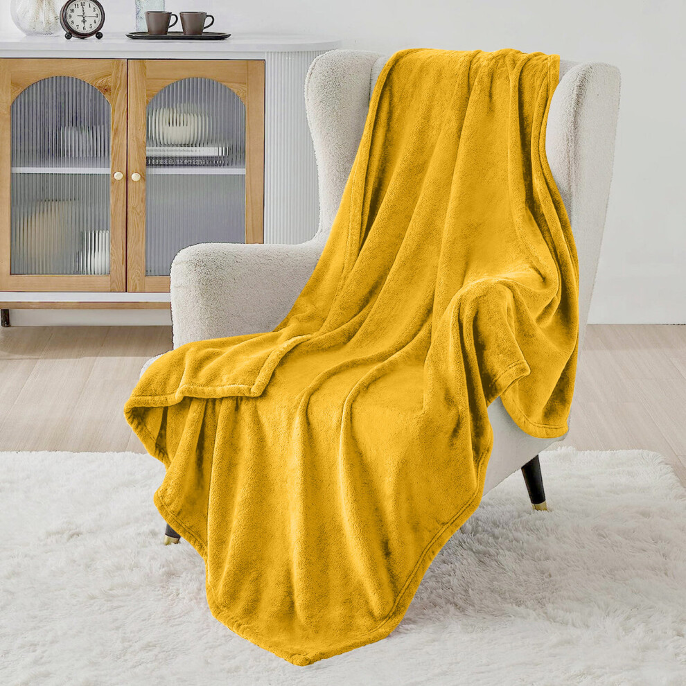 (Yellow/ Mustard Blanket Throw) Faux Fur Fleece Blankets Throw Soft Bed King Blanket