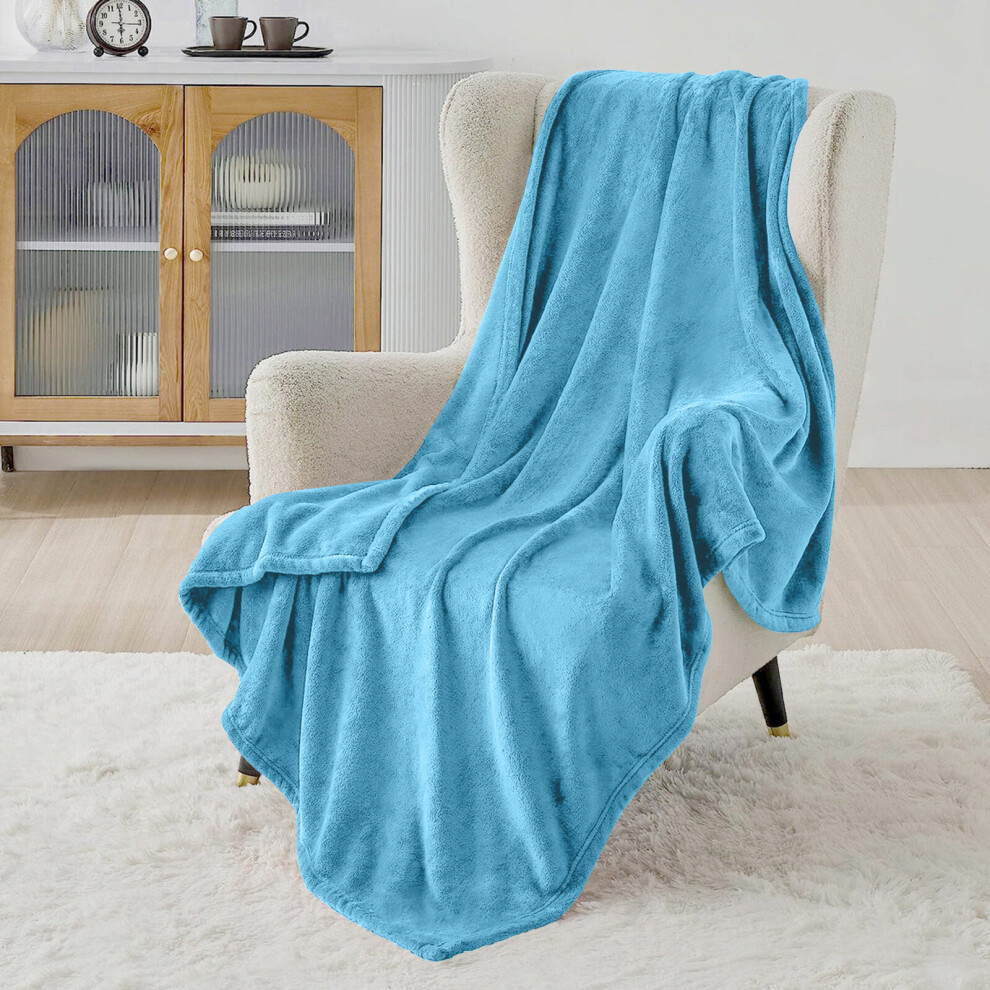(Light Blue/ Sky Blue Blanket Throw) Faux Fur Fleece Blankets Throw Soft Bed King Blanket