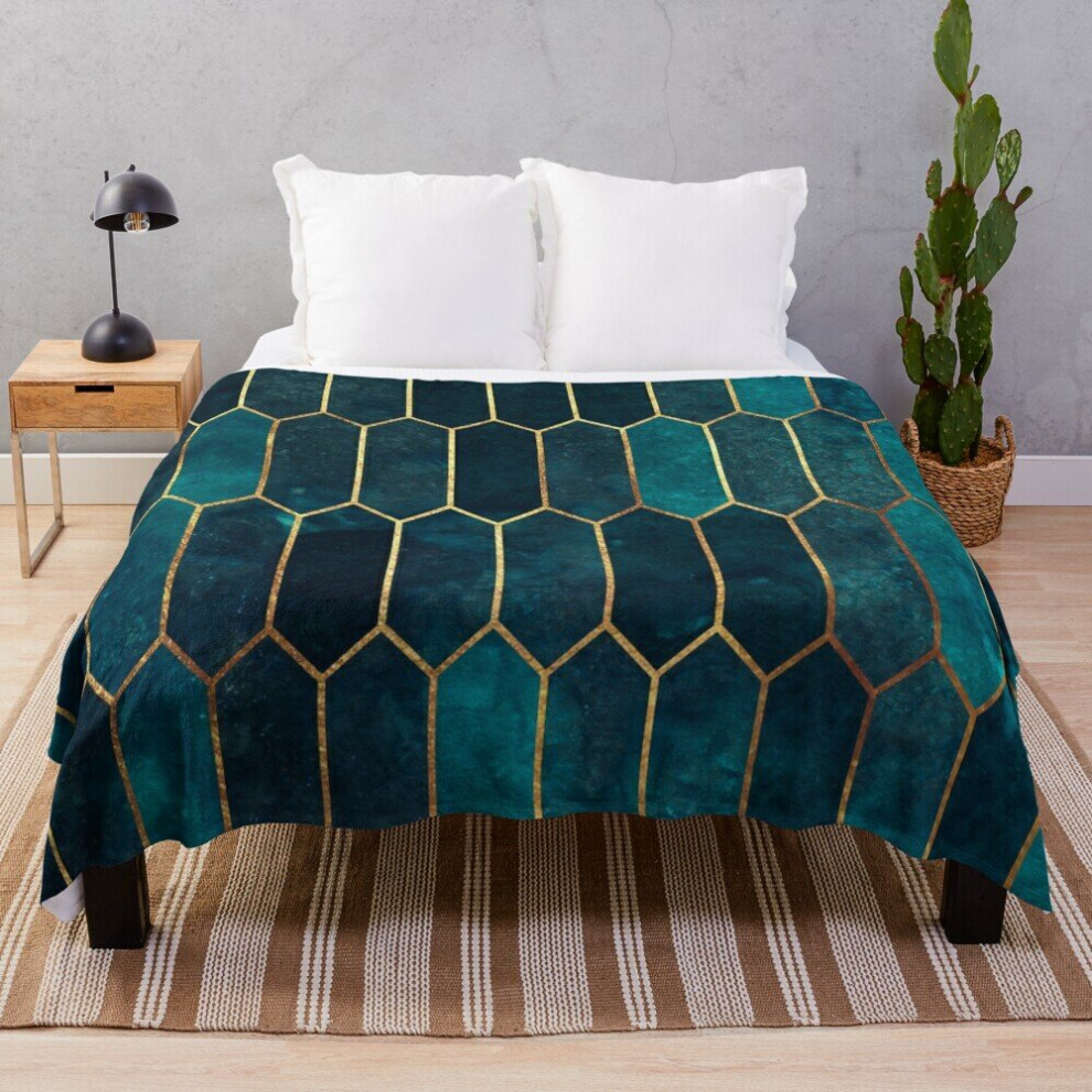 Fleece Throw Blanket Deep Teal and Blue Gold  Pattern for Sofa Couch Kids 60 x 50 Inches