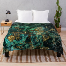 Fleece Throw Blanket Gold Indigo Faux Malachite Marble for Sofa Couch Kids 60 x 50 Inches