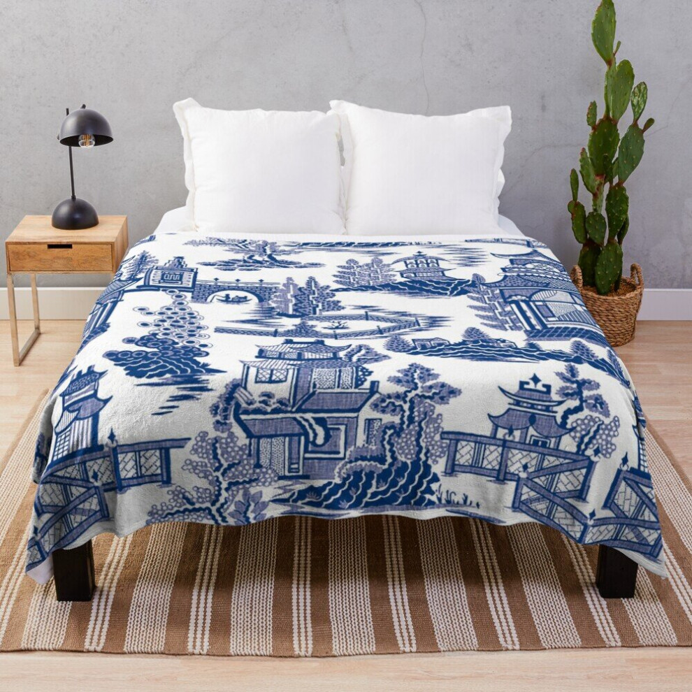 Fleece Throw Blanket Blue Willow Ancient Ming China - Blue And White Chinoiserie  for Sofa Couch Kids 60 x 50 Inches
