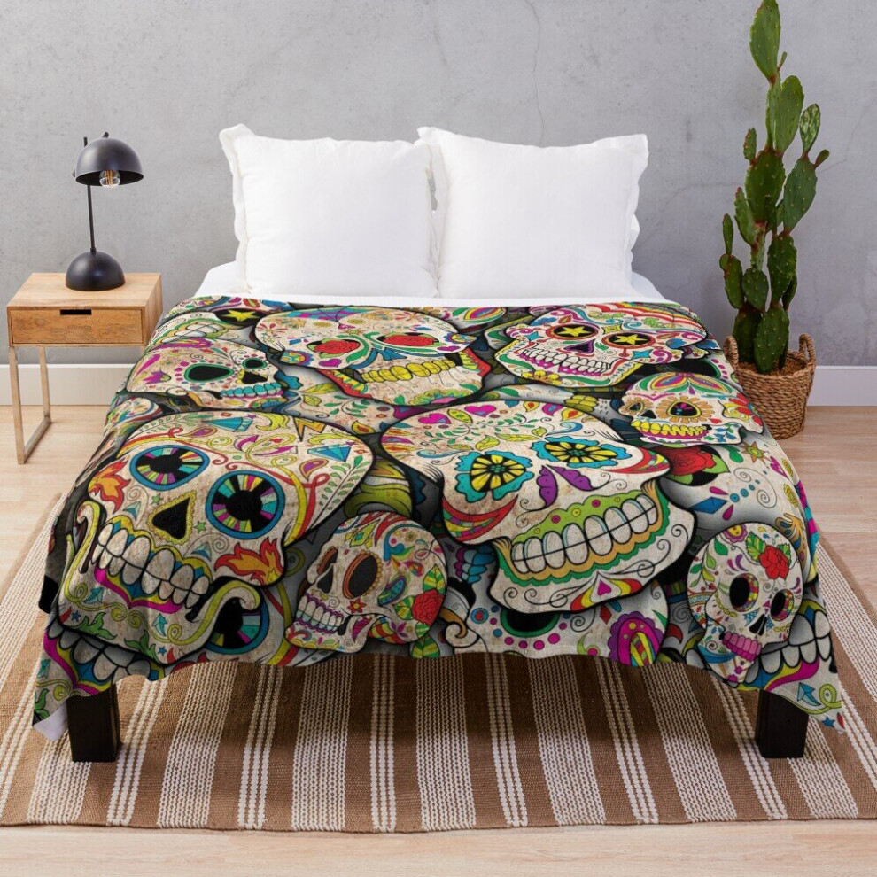 Fleece Throw Blanket Sugar Skull Collage for Sofa Couch Kids 60 x 50 Inches