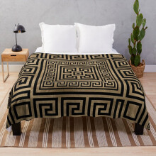 Fleece Throw Blanket Greek Key Ornament - Greek Meander -Black on gold for Sofa Couch Kids 60 x 50 Inches