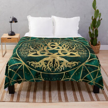 Fleece Throw Blanket Tree of life with Triquetra Malachite and Gold for Sofa Couch Kids 60 x 50 Inches