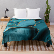 Fleece Throw Blanket Teal And Gold Faux Marble Landscape Waves for Sofa Couch Kids 60 x 50 Inches