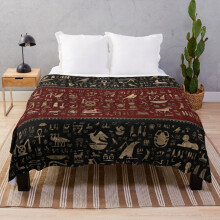 Fleece Throw Blanket Ancient Egyptian hieroglyphs - Black and Red Leather and gold for Sofa Couch Kids 60 x 50 Inches