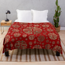 Fleece Throw Blanket Double Happiness Symbol pattern - Gold on red for Sofa Couch Kids 60 x 50 Inches