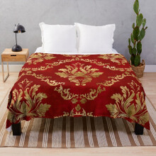 Fleece Throw Blanket Oriental Vintage Damask Pattern - Red and gold for Sofa Couch Kids 60 x 50 Inches