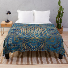 Fleece Throw Blanket Flower of Life in Lotus Mandala - Blue Marble and Gold for Sofa Couch Kids 60 x 50 Inches