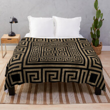 Fleece Throw Blanket Greek Key Ornament - Greek Meander -Gold on Black for Sofa Couch Kids 60 x 50 Inches