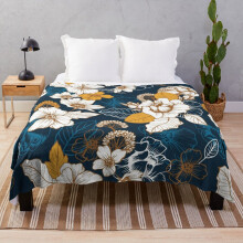 Fleece Throw Blanket Navy and Gold Peony and Blossom Seamless Pattern for Sofa Couch Kids 60 x 50 Inches