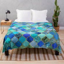 Fleece Throw Blanket Cobalt Blue, Aqua Gold Decorative Moroccan Tile Pattern for Sofa Couch Kids 60 x 50 Inches
