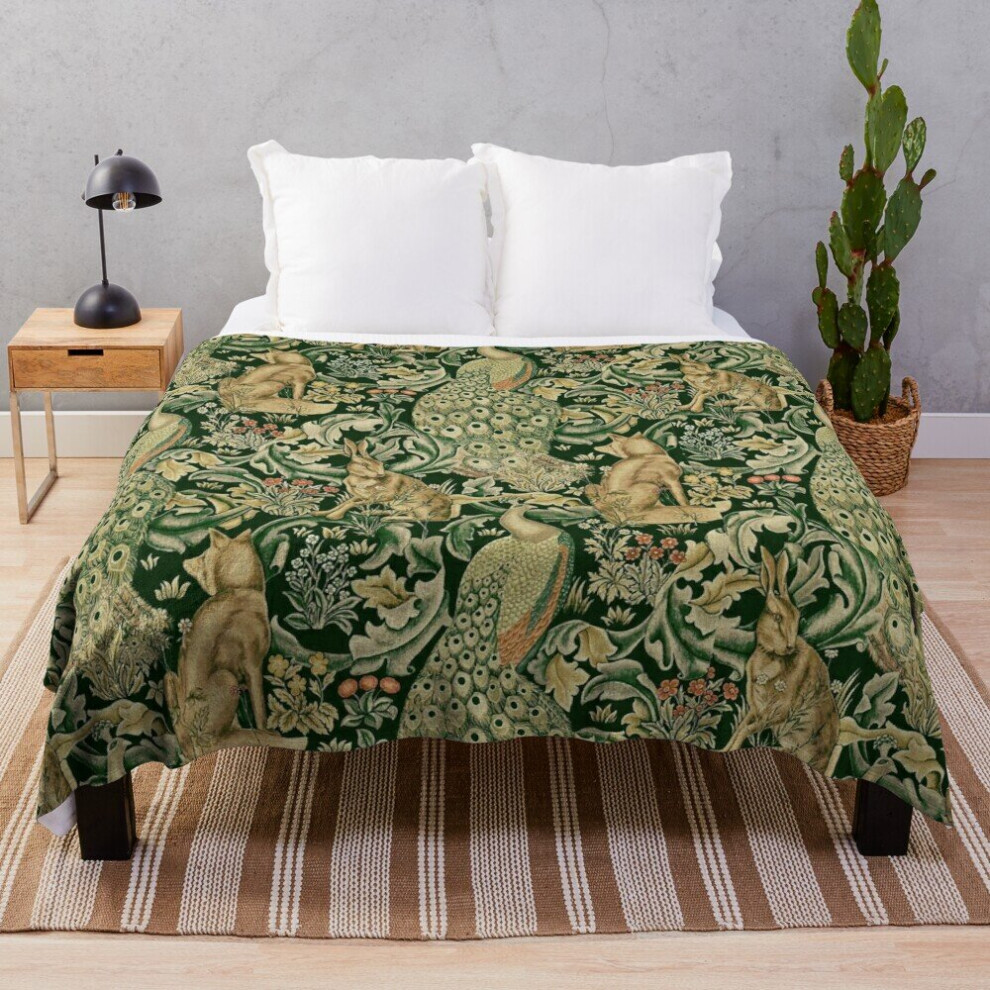 Fleece Throw Blanket GREEN FOREST ANIMALS ,PEACOCKS, FOX AND HARE for Sofa Couch Kids 60 x 50 Inches