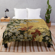 Fleece Throw Blanket White Red Chrysanthemums Floral Japanese Gold Screen Print for Sofa Couch Kids 60 x 50 Inches