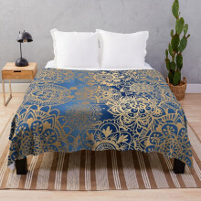 Fleece Throw Blanket Blue and Gold Mandala Pattern for Sofa Couch Kids 60 x 50 Inches