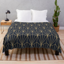 Fleece Throw Blanket Art Deco in Navy and Gold for Sofa Couch Kids 60 x 50 Inches