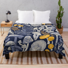 Fleece Throw Blanket Mystical fungi midnight blue ivory pale blue and yellow wild mushrooms for Sofa Couch Kids 60 x 50 Inches