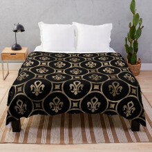 Fleece Throw Blanket Fleur-de-lis pattern - Black and Gold for Sofa Couch Kids 60 x 50 Inches