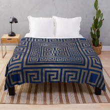 Fleece Throw Blanket Greek Key Ornament - Greek Meander -gold on blue for Sofa Couch Kids 60 x 50 Inches