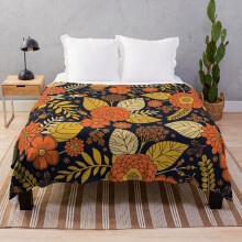 Fleece Throw Blanket Retro Orange, Yellow, Brown, Navy Floral Pattern for Sofa Couch Kids 60 x 50 Inches