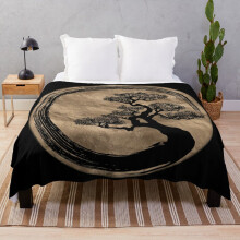 Fleece Throw Blanket Enso Zen Circle and Bonsai Tree Gold for Sofa Couch Kids 60 x 50 Inches