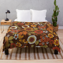 Fleece Throw Blanket 70s vintage boho flowers, orange, browns, hippie, flower power for Sofa Couch Kids 60 x 50 Inches