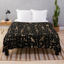 Fleece Throw Blanket Ancient Egyptian Gods and hieroglyphs - Black and gold for Sofa Couch Kids 60 x 50 Inches