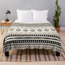 Fleece Throw Blanket Aztec Black Brown Cream Mixed Motifs Pattern for Sofa Couch Kids 60 x 50 Inches