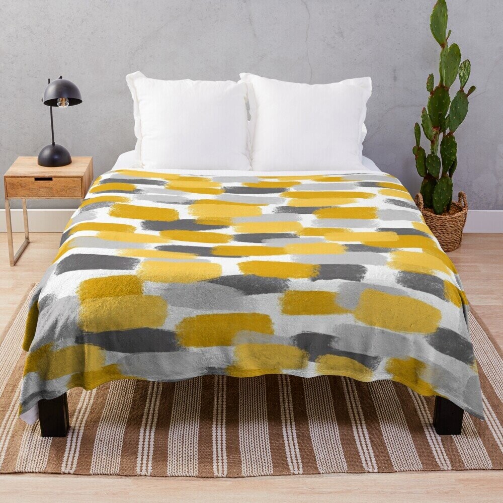 Fleece Throw Blanket Grey and Mustard Yellow Paint Brush Effect for