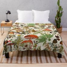 Fleece Throw Blanket Vintage Mushrooms Forest Botanical Pattern - beige for Sofa Couch Kids 60 x 50 Inches