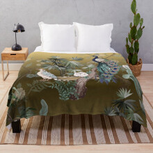 Fleece Throw Blanket Fengshui Oriental Chinoiserie - Gold Leaf Garden with Peacock and Quail for Sofa Couch Kids 60 x 50 Inches