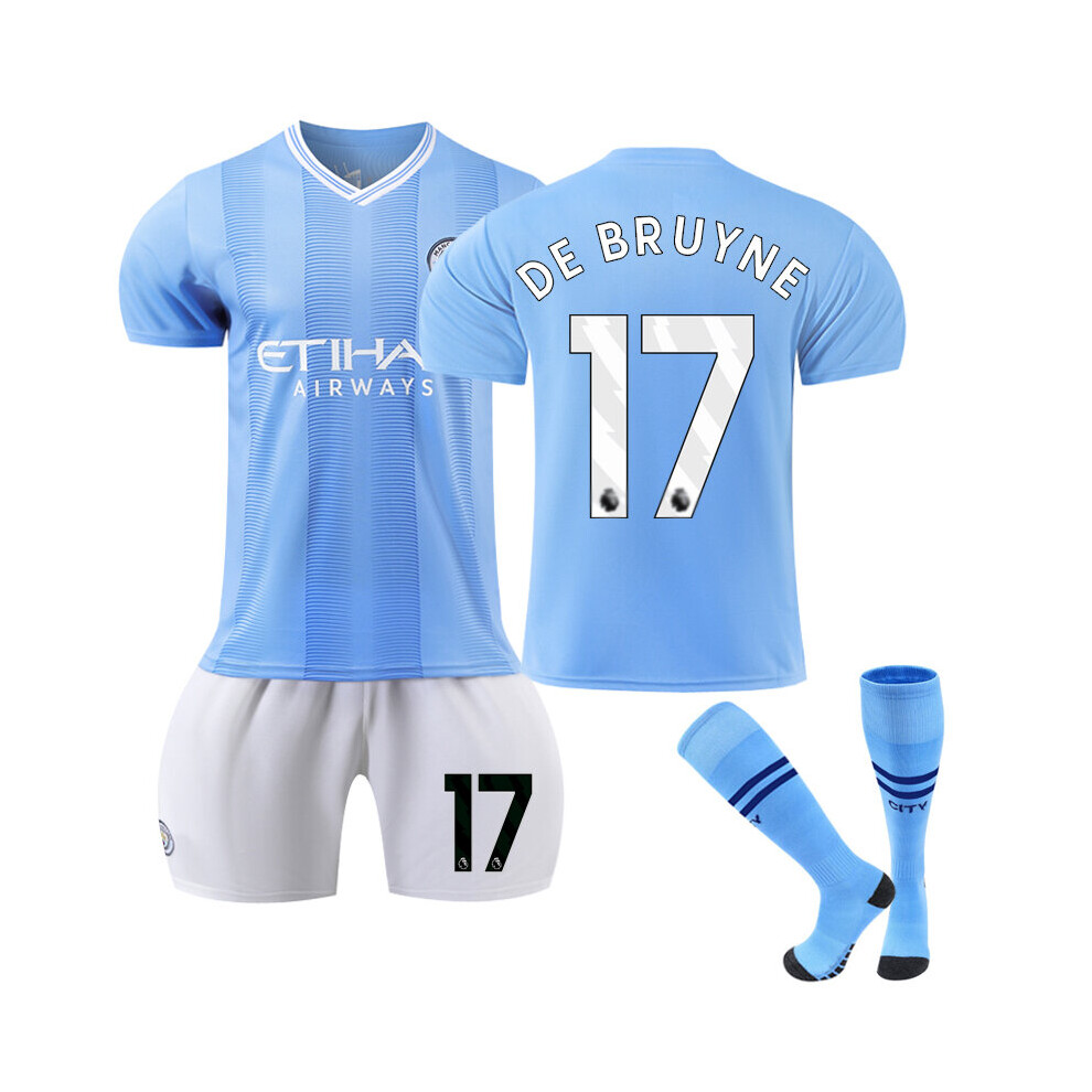 (22(120-130CM)) 2023/24 Manchester City Home #17 De Bruyne Soccer Jersey Kits For Kids Adults