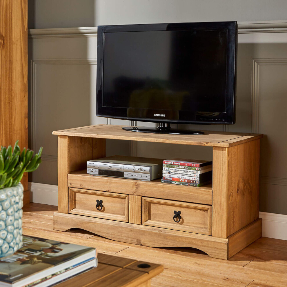 TV Stand Waxed Pine 2 Drawer Television Cabinet Corner Unit Solid Wood