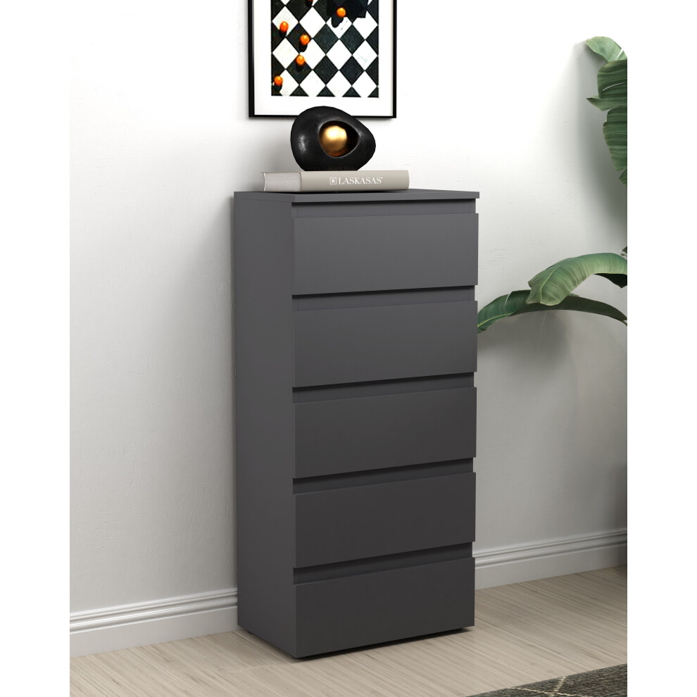 5 Drawer Chest Slimline Cabinet Storage Unit Bedroom Furniture - Grey