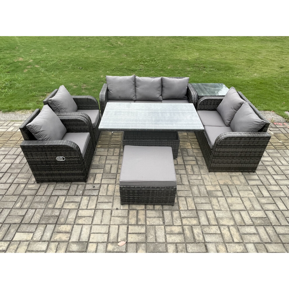 Fimous Rattan Outdoor Garden Furniture Sets Height Adjustable Rising Lifting Dining Table Reclining Chair Sofa Set Grey