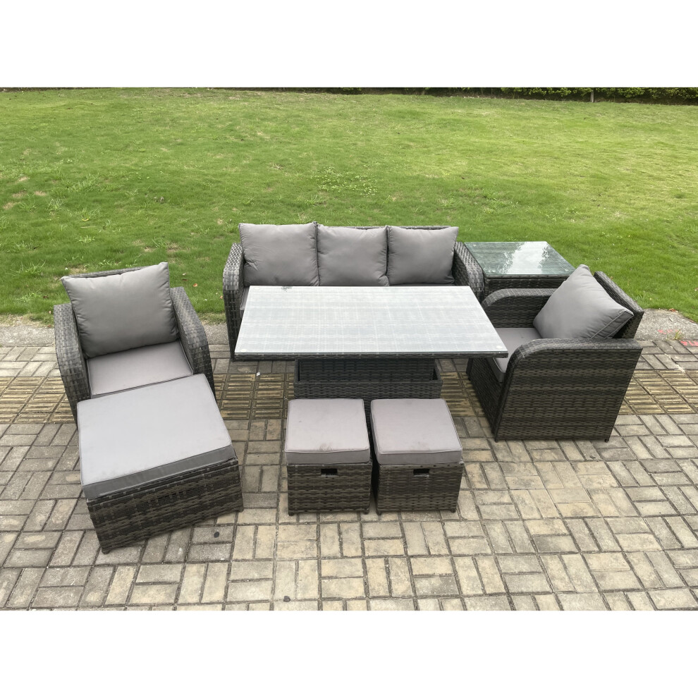 Fimous Outdoor Rattan Furniture Sofa Garden Dining Sets Adjustable Rising lifting Table and Chair Set With Side Table