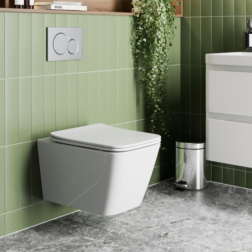 Affine Wall Hung Rimless Toilet & Soft Close Square Seat - Gloss White 5056696004360