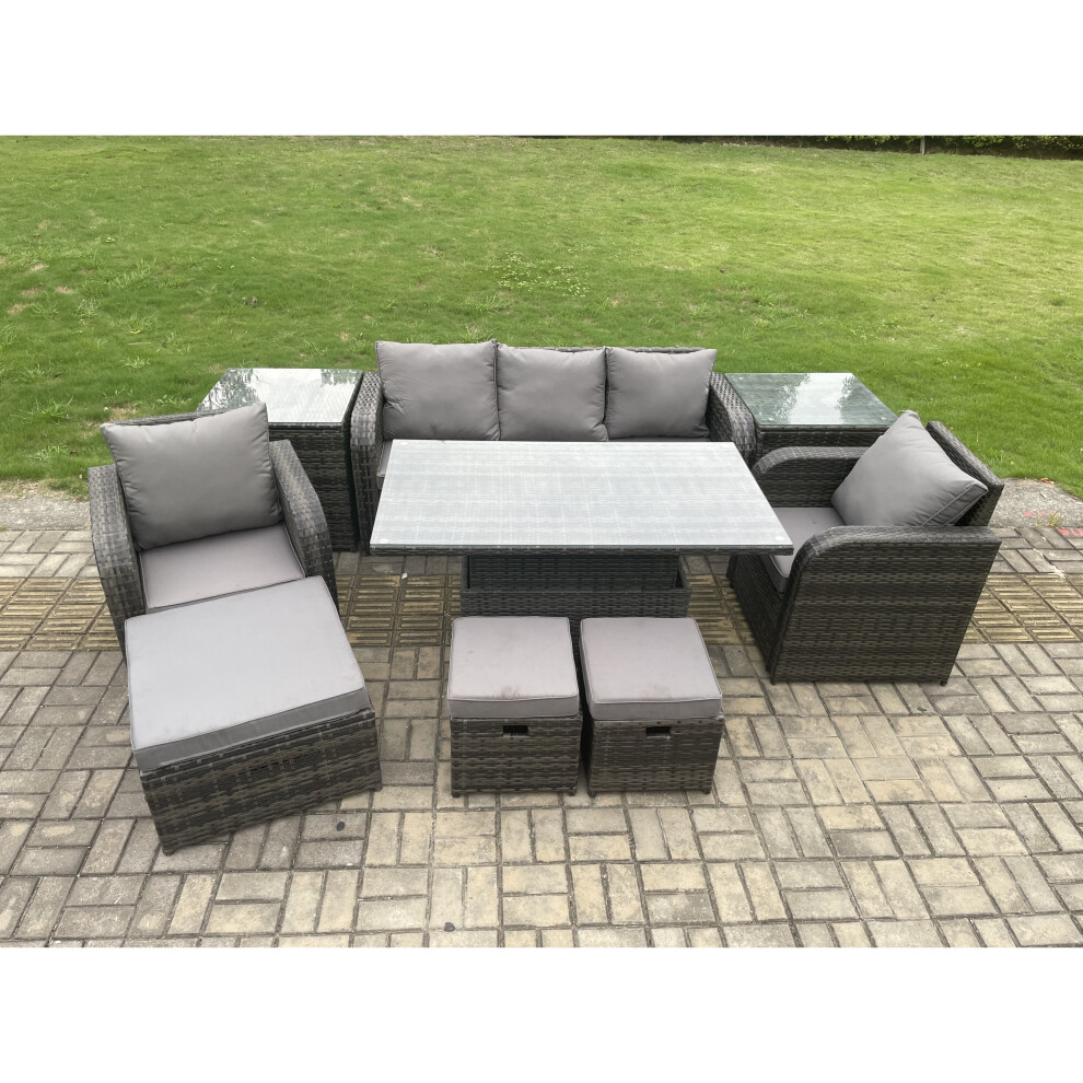 Fimous Outdoor Rattan Furniture Sofa Garden Dining Sets Adjustable Rising lifting Table and Chair Set With 3 Footstools
