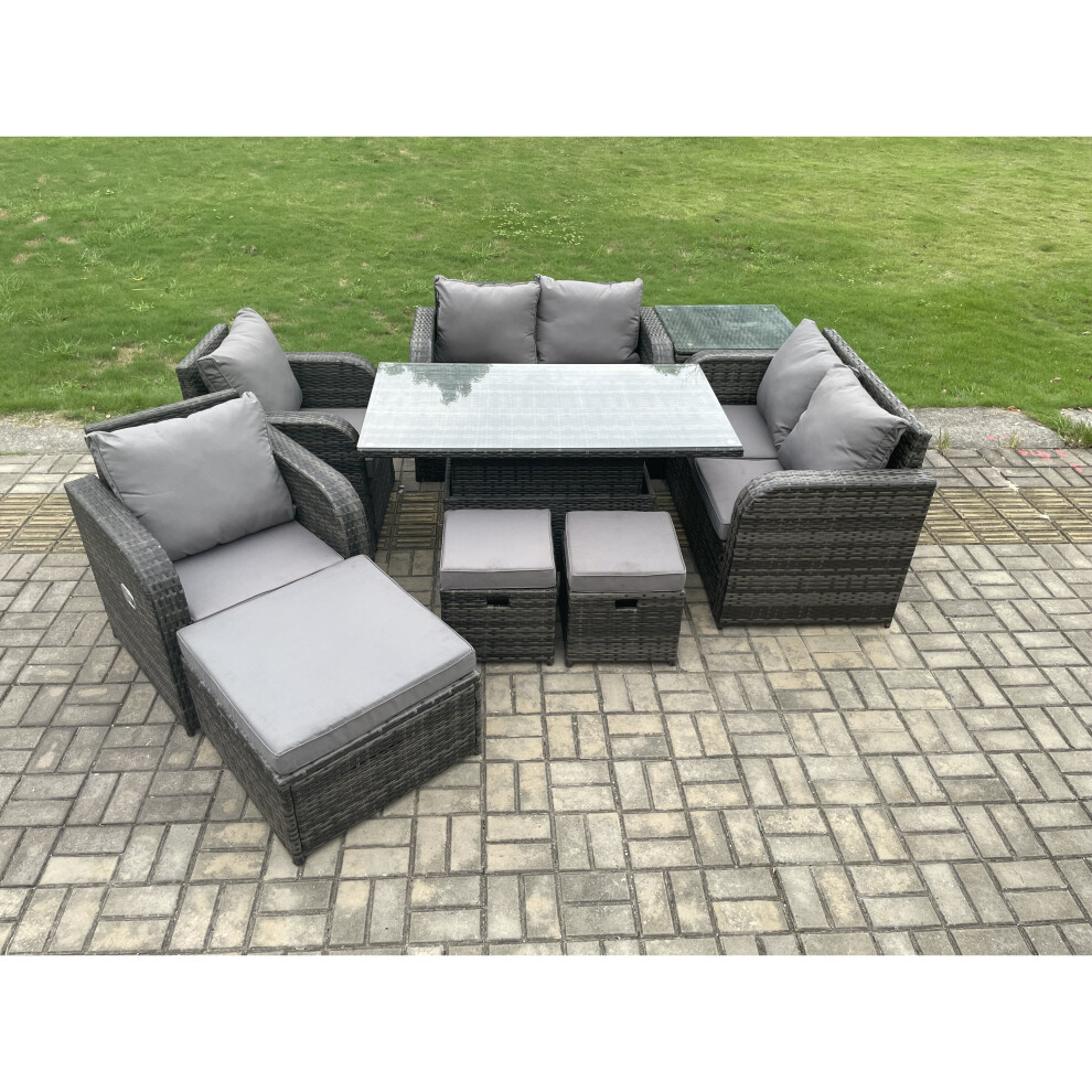 Fimous PE Rattan Garden Furniture Set Height Adjustable Rising lifting Dining Table Chair Love Sofa With Side Table
