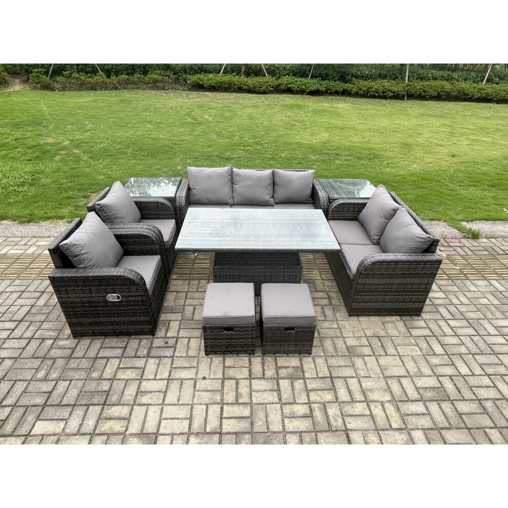 Fimous Pe Rattan Outdoor Garden Furniture Sets Height Adjustable Rising Lifting Dining Table Reclining Chair Sofa Set Grey